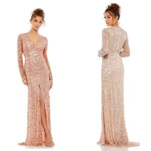 NEW Mac Duggal Embellished Front Slit Long Sleeve Gown Rose Gold 10 5502